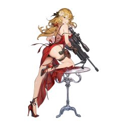 Rule 34 | 1girl, ass, blonde hair, blush, brown dust 2, dress, elise (brown dust 2), flower, from behind, full body, gun, hair between eyes, hair flower, hair ornament, hair ribbon, handgun, high heels, highres, holding, holding gun, holding weapon, holster, leaning on object, lips, long hair, looking at viewer, official art, open mouth, orange eyes, red dress, red footwear, red ribbon, ribbon, rifle, scope, second-party source, simple background, smile, sniper rifle, solo, stiletto heels, table, thigh holster, thigh strap, weapon, white flower