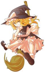 Rule 34 | 1girl, alphes (style), apron, black dress, black hair, blonde hair, bow, braid, broom, broom riding, dairi, dress, full body, grin, hat, hat bow, kirisame marisa, parody, pointing, pointing at viewer, puffy sleeves, sash, shirt, short sleeves, single braid, smile, solo, style parody, touhou, transparent background, waist apron, witch hat, yellow eyes