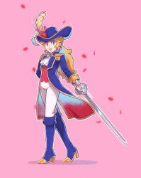 Rule 34 | 1girl, aristocratic clothes, arm behind back, ascot, blonde hair, blue eyes, blue footwear, blue hat, blue jacket, boots, brooch, earrings, epaulettes, falling petals, flower, full body, hat, hat feather, hat flower, high heel boots, high heels, highres, holding, holding sword, holding weapon, jacket, jewelry, knee boots, long hair, looking at viewer, mario (series), nintendo, official alternate costume, open clothes, open jacket, pants, petals, pink background, ponytail, princess peach, princess peach: showtime!, rapier, red flower, red rose, red vest, rose, saiwo (saiwoproject), simple background, solo, sphere earrings, sword, swordfighter peach, vest, weapon, white ascot, white pants