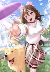 Rule 34 | 1girl, aqua eyes, artist name, artist request, bare legs, black bow, black skirt, blue eyes, blue sky, blush, bow, breasts, brown hair, brown scarf, checkered clothes, checkered skirt, cloud, day, dog, female focus, fountain, grey skirt, hair between eyes, hair bow, highres, long hair, long sleeves, looking at viewer, love live!, love live! nijigasaki high school idol club, love live! school idol festival, love live! school idol festival all stars, medium breasts, osaka shizuku, outdoors, parted lips, pink bow, ponytail, scarf, skirt, sky, smile, solo, sunlight, sweater, turtleneck, turtleneck sweater, white sweater