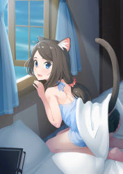 Rule 34 | 1girl, absurdres, aina (mao lian), animal ears, ass, barefoot, bed, bed sheet, black panties, blue dress, blue eyes, book, brown hair, cat ears, cat tail, clothes lift, commentary request, curtains, dress, dress lift, from side, highres, kneeling, leaning forward, long hair, looking back, mao lian (nekokao), open mouth, open window, original, panties, pillow, ponytail, short dress, solo, tail, underwear, window