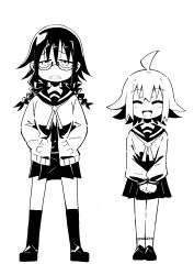 Rule 34 | 2girls, ^ ^, ahoge, blush, braid, cardigan, closed eyes, commentary request, flipped hair, frown, full body, furrowed brow, glasses, greyscale, hands in pockets, highres, kneehighs, legs apart, legs together, long hair, long sleeves, looking at viewer, low twin braids, monochrome, multiple girls, neck ribbon, null-meta, open cardigan, open clothes, open mouth, pleated skirt, ribbon, sanpaku, school uniform, semi-rimless eyewear, serafuku, shoes, short hair, side-by-side, simple background, skirt, smile, socks, souen chiaki, standing, tareme, the omoti, twin braids, uozumi kurumi, v arms