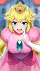 Rule 34 | 1girl, blonde hair, blue eyes, blurry, blurry background, blush, breasts, brooch, commentary, cowboy shot, crown, depth of field, dress, earrings, elbow gloves, english commentary, eyelashes, female focus, gloves, hand up, highres, jewelry, large breasts, leaning forward, long hair, looking at viewer, mario (series), nintendo, open mouth, pink dress, pink lips, princess peach, puffy short sleeves, puffy sleeves, sasoura, shadow, short sleeves, sidelocks, solo, standing, super mario bros. 1, teeth, tongue, upper body, upper teeth only