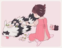 Rule 34 | 1girl, aged down, amenboaoina, back, bewear, black hair, child, closed eyes, commentary, creatures (company), daisy, dress, flower, galarian form, galarian zigzagoon, game freak, gen 7 pokemon, gen 8 pokemon, leaf, marnie (pokemon), nintendo, on floor, pebble, pink dress, pink legwear, pokemon, pokemon (creature), pokemon swsh, short twintails, simple background, stuffed animal, stuffed toy, tongue, tongue out, twintails