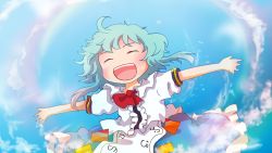 Rule 34 | 1girl, aged down, blue hair, bow, closed eyes, happy, hat, highres, hinanawi tenshi, kana tako, no headwear, open mouth, outstretched arms, short hair, smile, solo, touhou