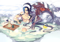 Rule 34 | 1boy, absurdres, aduan, bandages, blue hair, bottle, cup, closed eyes, floating, floating hair, highres, holding, holding cup, in water, kayn (league of legends), league of legends, lens flare, light blue hair, multicolored hair, muscular, onsen, red eyes, rock, rubber duck, sake bottle, scythe, sitting, snow, steam, towel, towel on head, water, water surface, weapon, wet