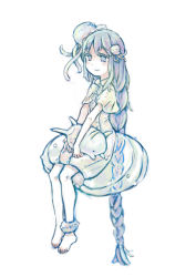 Rule 34 | 1girl, absurdly long hair, anklet, barefoot, child, dress, hantoumei namako, jellyfish, jewelry, long hair, pale skin, ponytail, purple eyes, purple hair, side ponytail, simple background, solo, very long hair, white background