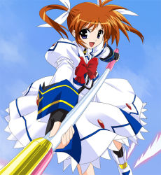 Rule 34 | 00s, 1girl, bow, fingerless gloves, gloves, lyrical nanoha, magical girl, mahou shoujo lyrical nanoha, mahou shoujo lyrical nanoha a&#039;s, oisin, purple eyes, raising heart, red bow, red hair, shoes, solo, takamachi nanoha, twintails, winged footwear, wings