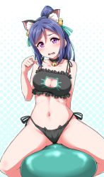 Rule 34 | 10s, 1girl, animal ears, aqua ribbon, ball, bell, neck bell, black bra, black choker, black panties, blue hair, blush, bra, breasts, cat ear panties, cat ears, cat lingerie, choker, cleavage, cleavage cutout, clothing cutout, collarbone, commentary request, exercise ball, fake animal ears, frilled bra, frills, groin, hair bell, hair ornament, hair ribbon, hairband, halftone, halftone background, hand up, highres, jingle bell, large breasts, long hair, looking at viewer, love live!, love live! sunshine!!, matsuura kanan, meme attire, navel, open mouth, panties, paw pose, ponytail, purple eyes, ribbon, side-tie panties, sitting, solo, spread legs, underwear, yopparai oni