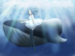 Rule 34 | 1girl, blue hair, dress, female focus, gradient background, nekomata (sackoukaku), ocean, solo, underwater, whale