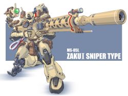 Rule 34 | aiming, cable, camera, character name, gun, gundam, gundam unicorn, kneeling, looking to the side, mao (6r), mecha, no humans, on one knee, one-eyed, pink eyes, redesign, rifle, robot, sniper rifle, solo, weapon, zaku, zaku i sniper type