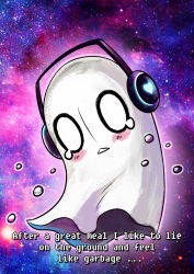 Rule 34 | blush, chestnut mouth, english text, full body, ghost, headphones, highres, hollow eyes, napstablook, no humans, sky, solo, space, star (sky), starry sky, tears, triangle mouth, undertale, yoneyu