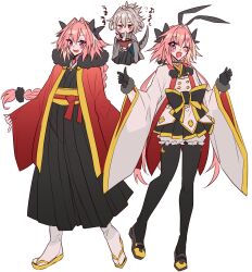 Rule 34 | 2boys, adapted costume, ahoge, alternate costume, animal ears, astolfo (fate), astolfo (saber) (fate), black bow, black gloves, black kimono, black pantyhose, black scrunchie, black thighhighs, blush stickers, bow, bowl, braid, chest bow, chibi, chibi inset, chopsticks, dragon tail, dress, eating, fake animal ears, fang, fate/apocrypha, fate/grand order, fate (series), flying sweatdrops, food, frills, fur-trimmed gloves, fur trim, gloves, gold trim, grey hair, grey kimono, grey tail, hair bow, hair intakes, hair ornament, hair scrunchie, haoro, highres, holding, holding bowl, holding chopsticks, huge bow, japanese clothes, kimono, long braid, long hair, low twintails, male focus, multicolored bow, multicolored hair, multiple boys, multiple views, noodles, one eye closed, open mouth, pantyhose, pink hair, pinky out, pleated dress, pleated kimono, pleated skirt, purple eyes, rabbit ears, ramen, red eyes, red robe, red sash, robe, sandals, sash, scrunchie, shoes, short hair, sieg (fate), simple background, single braid, skin fang, skirt, smile, socks, standing, standing on one leg, streaked hair, tail, thighhighs, trap, twintails, two-tone hair, uwabaki, very long hair, white background, white hair, white robe, white socks, wide sleeves, yellow footwear