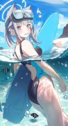 Rule 34 | 1girl, aekun cben, air bubble, animal ears, ass, beach, bikini, black one-piece swimsuit, blue archive, blue eyes, blush, breasts, bright pupils, bubble, diving mask, fish, goggles, grey hair, halo, highres, looking at viewer, medium breasts, mismatched pupils, one-piece swimsuit, partially submerged, ponytail, shiroko (blue archive), shiroko (swimsuit) (blue archive), sidelocks, solo, surfboard, swimsuit, water, wet, white pupils, wolf ears