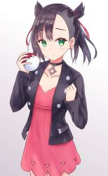Rule 34 | 1girl, akaya (pixiv20545353), asymmetrical bangs, black choker, black hair, black jacket, blush, choker, closed mouth, collarbone, commentary request, creatures (company), dress, earrings, game freak, gradient background, green eyes, grey background, hair ribbon, hands up, highres, holding, holding poke ball, jacket, jewelry, long sleeves, looking at viewer, marnie (pokemon), nintendo, open clothes, open jacket, pink dress, poke ball, poke ball (basic), pokemon, pokemon swsh, red ribbon, ribbon, smile, solo, stud earrings, white background