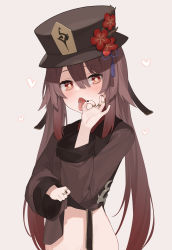 Rule 34 | 1girl, black nails, blush, brown hair, clothes lift, fellatio gesture, flower, flower-shaped pupils, genshin impact, grey background, hair between eyes, hat, hat flower, heart, highres, hu tao (genshin impact), jewelry, lifted by self, long hair, long sleeves, looking at viewer, mokew, nail polish, open mouth, porkpie hat, ring, simple background, solo, symbol-shaped pupils, tongue, tongue out, twintails, very long hair, wide sleeves