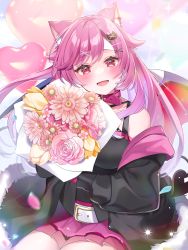 Rule 34 | 1girl, absurdres, animal ear fluff, animal ears, anzu 1026, balloon, blush, bouquet, cat ears, cat hair ornament, collar, demon tail, demon wings, flower, fur trim, hair ornament, highres, holding, holding bouquet, indie virtual youtuber, jacket, looking at viewer, nekuro konami, off shoulder, open mouth, pink eyes, pink hair, pleated skirt, sitting, skirt, smile, solo, tail, virtual youtuber, wings