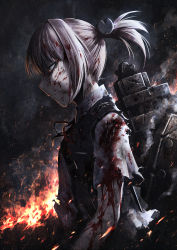 Rule 34 | 10s, 1girl, blood, blue eyes, fire, gradient background, hetza (hellshock), highres, injury, kantai collection, neck ribbon, pink hair, ponytail, profile, red ribbon, ribbon, school uniform, shiranui (kancolle), short hair, solo, torn clothes