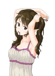 Rule 34 | 1girl, adjusting hair, alternate costume, armpits, arms up, brown eyes, brown hair, camisole, collarbone, dress, hair tie, hat, himekaidou hatate, kitano (kitanosnowwhite), long hair, looking at viewer, mouth hold, no headwear, pointy ears, simple background, sleeveless, solo, touhou, twintails, tying hair, upper body