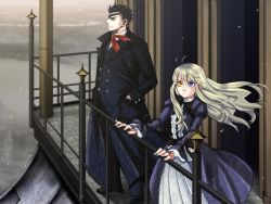 Rule 34 | 1boy, 1girl, akira (kaned fools), balcony, black hair, blonde hair, blue eyes, bow, dress, eyepatch, formal, frills, game cg, hand in pocket, heterochromia, james moriarty, liarsoft, long hair, mary clarissa christie, necktie, pants, ribbon, shikkoku no sharnoth, spiked hair, steampunk (liarsoft), suit, waist bow, yellow eyes