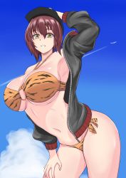 Rule 34 | 1girl, absurdres, aircraft, airplane, arched back, arm up, baseball cap, bikini, black hat, black jacket, blue sky, breasts, brown eyes, brown hair, cloud, commentary, contrail, cowboy shot, girls und panzer, girls und panzer senshadou daisakusen!, halterneck, hand on headwear, hand on thigh, hat, highres, jacket, large breasts, leaning forward, long sleeves, looking at viewer, navel, nishizumi maho, no pants, o-ring, o-ring bikini, official alternate costume, open clothes, open jacket, parted lips, print bikini, short hair, side-tie bikini bottom, skindentation, sky, smile, solo, standing, swimsuit, tiger stripes, track jacket, yuusha