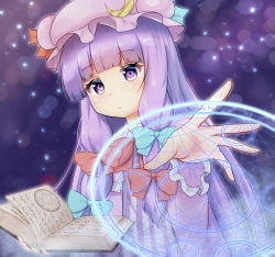 Rule 34 | 1girl, blue bow, blue ribbon, blunt bangs, book, bow, commentary, crescent, crescent pin, expressionless, fog, hair bow, hat, hat ribbon, holding, holding book, lens flare, light particles, long hair, looking at viewer, magic, magic circle, mob cap, open book, outstretched arm, patchouli knowledge, purple eyes, raised eyebrows, red bow, red ribbon, ribbon, shiny skin, solo, touhou, upper body, very long hair, waftil