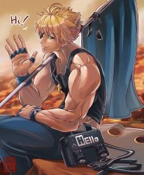 Rule 34 | 1boy, absurdres, arm up, artist name, blonde hair, blue eyes, canyon, cross, crossed legs, english text, eyepatch, flag, flagpole, guilty gear, guilty gear strive, highres, male focus, muscular, muscular male, one-eyed, pouch, sergio nhur, short hair, signature, sin kiske, sitting, speech bubble, waving
