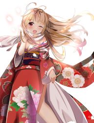 Rule 34 | 10s, 1girl, ahoge, blonde hair, breasts, cherry blossoms, cleavage, floral print, hair flaps, hair ornament, hair tie, hairclip, haruno suzuran (latte), highres, japanese clothes, kantai collection, kimono, long hair, long sleeves, one eye closed, open mouth, red eyes, red kimono, scarf, simple background, solo, white background, wide sleeves, yukata, yuudachi (kancolle), yuudachi kai ni (kancolle)