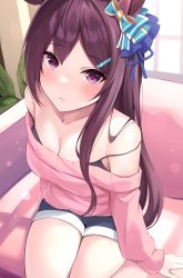 Rule 34 | 1girl, absurdres, alternate costume, animal ears, black hair, blush, breasts, casual, cleavage, collarbone, commentary request, hair ornament, highres, horse ears, horse girl, horse tail, long hair, looking at viewer, medium breasts, mejiro dober (umamusume), shorts, sitting, solo, tail, umamusume, zeatto