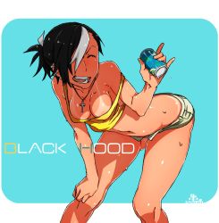 Rule 34 | 1girl, areola slip, bent over, black hair, black hood, breasts, can, cleavage, cross, cross necklace, downblouse, drink, closed eyes, hair over one eye, hanging breasts, jewelry, kamezaemon, multicolored hair, navel, necklace, no bra, no panties, open mouth, original, ponytail, short shorts, shorts, simple background, small breasts, smile, solo, strap slip, sweat, tan, tank top, tanline, two-tone hair, unzipped, white hair