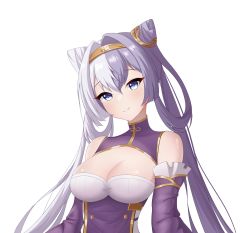 Rule 34 | 1girl, absurdres, azur lane, bare shoulders, blue eyes, breasts, chinese commentary, cleavage, commentary request, cone hair bun, detached sleeves, dress, gaizhuang no tianlangxing-shiriasu, hair between eyes, hair bun, hairband, head tilt, highres, large breasts, long hair, long sleeves, looking at viewer, multicolored hair, purple dress, purple hair, simple background, smile, solo, twintails, two-tone hair, upper body, white background, white hair, ying swei (azur lane)