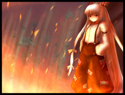 Rule 34 | 1girl, annoyed, bamboo, bamboo forest, bow, female focus, fire, forest, fujiwara no mokou, hair bow, hair ribbon, hands in pockets, katagi ren, leaf, long hair, nature, orange theme, pants, red eyes, ribbon, shirt, silver hair, solo, suspenders, touhou, white shirt