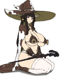 Rule 34 | 1girl, animal ears, animal print, bikini, breasts, brown hair, cape, cleavage, cow ears, cow horns, cow print, gloves, hat, highres, horns, houtengeki, large breasts, long hair, looking at viewer, navel, original, pointy ears, red eyes, seiza, simple background, sitting, staff, swimsuit, thighhighs, thighs, white background, white thighhighs, witch hat