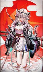 Rule 34 | 1girl, animal ears, black jacket, bow (weapon), checkered clothes, checkered skirt, enj!, grey eyes, grey hair, hairband, holding, holding sword, holding weapon, jacket, katana, long hair, long sleeves, obi, open clothes, open jacket, original, sash, skirt, sleeves past wrists, solo, sword, tail, thighhighs, tiger ears, tiger tail, water, weapon, white thighhighs