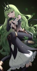 Rule 34 | 1girl, bare shoulders, barefoot, bingchuan xian yu huang, black dress, black gloves, black nails, breasts, claw ring, cleavage, crown, dress, earrings, feet, gloves, gradient background, green eyes, green hair, hair between eyes, highres, jewelry, long hair, looking at viewer, mobius (honkai impact), nail polish, open mouth, simple background, sleeveless, sleeveless dress, slit pupils, smile, solo, toenail polish, toenails, toes, wavy hair