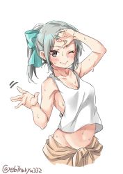 Rule 34 | 1girl, armpits, bow, breasts, cleavage, coveralls, duplicate, ebifurya, green bow, grey hair, hair bow, highres, jumpsuit, kantai collection, navel, one eye closed, ponytail, short hair, simple background, solo, stomach, sweat, tank top, twitter username, undershirt, upper body, white background, yuubari (kancolle)