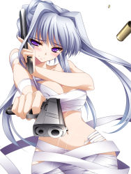 Rule 34 | 1girl, bandages, blush, breasts, cleavage, dual wielding, embarrassed, gun, highres, holding, large breasts, long hair, looking at viewer, monety, navel, original, pointing, pointing at viewer, purple eyes, sarashi, shell casing, silver hair, solo, weapon