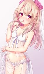 Rule 34 | 1girl, babydoll, baram, bare arms, bare shoulders, blonde hair, bow, bow panties, breasts, bridal veil, collarbone, commentary, cowboy shot, fate/kaleid liner prisma illya, fate (series), finger to mouth, flower, gradient background, hair between eyes, hair flower, hair ornament, illyasviel von einzbern, lingerie, long hair, looking at viewer, navel, open mouth, panties, pink background, red eyes, see-through, side-tie panties, simple background, small breasts, solo, underwear, veil, white panties