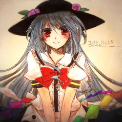 Rule 34 | 1girl, blue hair, bow, female focus, food, fruit, hat, hinanawi tenshi, hotmilkice, ice (aitsugai), long hair, looking at viewer, peach, puffy sleeves, red eyes, shirt, short sleeves, skirt, smile, solo, touhou, v arms, very long hair