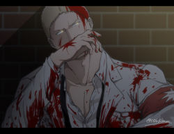 Rule 34 | 1boy, bad id, bad pixiv id, beige jacket, blood, blood on clothes, blood on face, blood on hands, bun (bbb81bun), glowing, glowing eyes, hand to own mouth, letterboxed, male focus, marley military uniform, partially unbuttoned, pectoral cleavage, pectorals, reiner braun, shingeki no kyojin, short hair, solo, upper body
