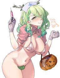 Rule 34 | 1girl, absurdres, antlers, bikini, bikini top only, bottomless, branch, breasts, censored, ceres fauna, condom, condom packet strip, condom wrapper, covered erect nipples, earrings, eyes visible through hair, flower, gloves, green hair, hair flower, hair ornament, hair over one eye, halloween bucket, hands up, hat, highres, holding, holding syringe, hololive, hololive english, horns, jewelry, large breasts, leaf, long hair, mole, mole under eye, novelty censor, nurse, nurse cap, shrug (clothing), simple background, single earring, solo, swimsuit, syringe, thanabis, thighs, virtual youtuber, wavy hair, white background, white gloves, yellow eyes