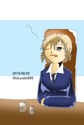 Rule 34 | 1girl, absurdres, artist request, black necktie, blonde hair, blue sweater, braid, commentary request, dress shirt, drill hair, girls und panzer, girls und panzer little army, highres, kilimanjaro (girls und panzer), necktie, on chair, school uniform, shirt, signature, sitting, sleepy, sweater, table, west kureoji grona school uniform, white shirt