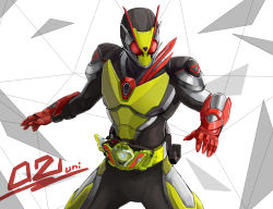 Rule 34 | 1boy, absurdres, armor, character name, chinese commentary, fighting stance, highres, kamen rider, kamen rider 01 (series), kamen rider zero-two, looking down, looking to the side, male focus, open hands, power armor, red eyes, solo, tokusatsu, unique (pixiv12704744)