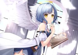 Rule 34 | 1girl, angel, angel wings, ass, bare shoulders, blue hair, blush, bon (bonbon315), book, breasts, cleavage, cloud, collar, day, feathers, finger to mouth, from side, halo, holding, indoors, jewelry, looking at viewer, nail polish, navel, original, pen, ring, short hair, short shorts, shorts, sky, small breasts, solo, standing, thighs, wings, yellow eyes