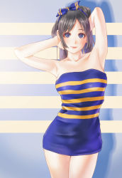 Rule 34 | 1girl, armpits, arms behind head, arms up, bare shoulders, black hair, blue background, blue dress, blue eyes, blush, bow, breasts, collarbone, dress, hair bow, hands on own head, highres, kinoebi, light blush, lips, long hair, original, personification, solo, strapless, strapless dress, striped background, striped clothes, striped dress, tenga, thigh gap, tube dress, yellow background