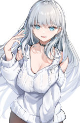 Rule 34 | 1girl, bare shoulders, black choker, blue eyes, blue nails, breasts, choker, cleavage, clothing cutout, earrings, gu luco, highres, jewelry, large breasts, long hair, looking at viewer, nail polish, open mouth, original, pantyhose, shoulder cutout, silver hair, sweater, white background, white sweater