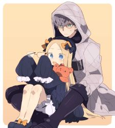 Rule 34 | 1boy, 1girl, abigail williams (fate), black bow, black dress, black footwear, black headwear, blonde hair, bloomers, blue eyes, blush, boots, bow, breasts, creator connection, dress, fate/grand order, fate/grand order arcade, fate (series), forehead, glasses, gloves, green eyes, grey hair, hair bow, hat, highres, hood, hood up, hooded jacket, jacket, jacques de molay (saber) (fate), karupattyo03, knee boots, long hair, long sleeves, multiple bows, open mouth, orange bow, parted bangs, polka dot, polka dot bow, ribbed dress, sitting, sleeves past fingers, sleeves past wrists, small breasts, smile, stuffed animal, stuffed toy, teddy bear, underwear, white bloomers, white gloves, white jacket