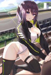 Rule 34 | 1girl, :d, absurdres, alice gear aegis, bench, bent over, black hair, blurry, breasts, cleavage, commentary request, depth of field, head tilt, highleg, highres, long hair, long sleeves, looking at viewer, nikotama mai, open mouth, ponytail, puripuri, purple eyes, race queen, racetrack, sidelocks, smile, solo, thighs