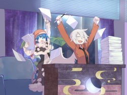 Rule 34 | 2girls, :d, = =, alternate costume, arms up, black dress, black necktie, blue eyes, blue hair, blush, book, capelet, cheering, contemporary, couch, curtains, doremy sweet, dress, flying paper, hat, head rest, kishin sagume, ko kita, long sleeves, midriff peek, moon, multiple girls, navel, necktie, night, nightcap, office, open mouth, paper, paper stack, plant, pointy ears, pom pom (clothes), potted plant, red eyes, red shirt, shirt, short hair, single wing, sitting, smile, stretching, tears, touhou, victory pose, white hair, white wings, window, wings, writing