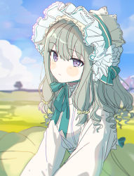 Rule 34 | 1girl, aqua bow, blue sky, blush, bonnet, bow, closed mouth, cloud, day, field, frilled hat, frills, green hair, green skirt, hair bow, hat, highres, kusanagi nene, long hair, long sleeves, looking at viewer, low-tied long hair, outdoors, pjmiyo, project sekai, puffy long sleeves, puffy sleeves, purple eyes, shirt, sidelocks, sitting, skirt, sky, solo, tree, victorian, white hat, white shirt